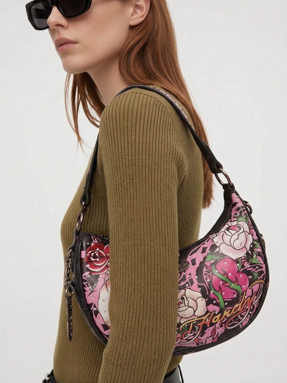 Ed Hardy Pink Floral Crescent Shoulder Bag NWT